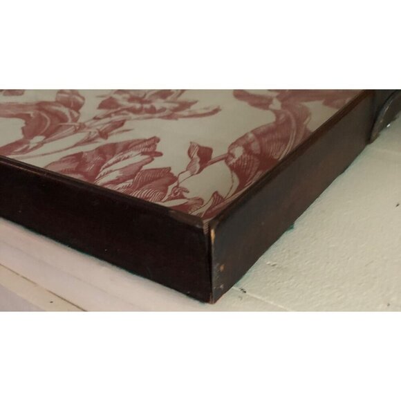 Wood Frame Antique Vintage Glass Serving Tray Red Flower Pattern Print - Picture 4 of 15